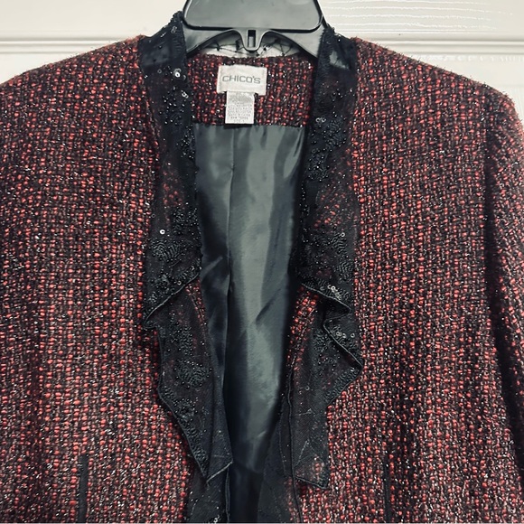 CHICO'S Tweed Gloriana Jacket Red Black Chiffon 1 Embellished - Picture 2 of 4